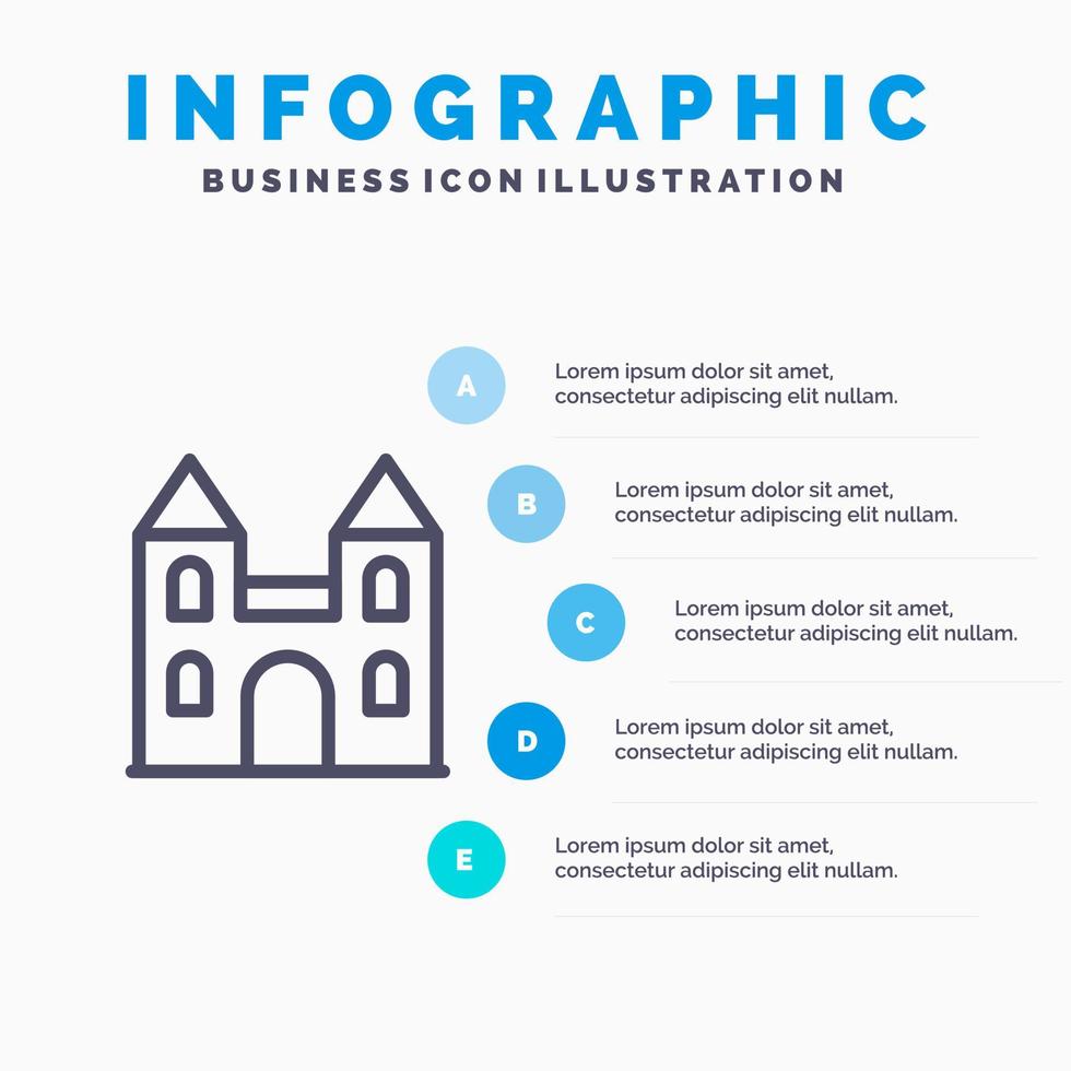 große Kathedrale Kreuzlinie Symbol mit 5 Schritten Präsentation Infografiken Hintergrund vektor