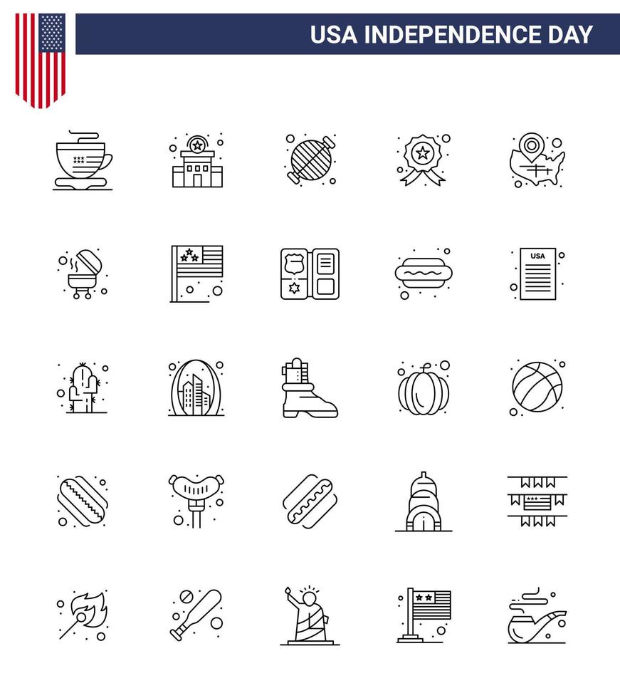 Lycklig oberoende dag 4:e juli uppsättning av 25 rader amerikan pictograph av stater polis utegrill stjärna bricka redigerbar USA dag vektor design element