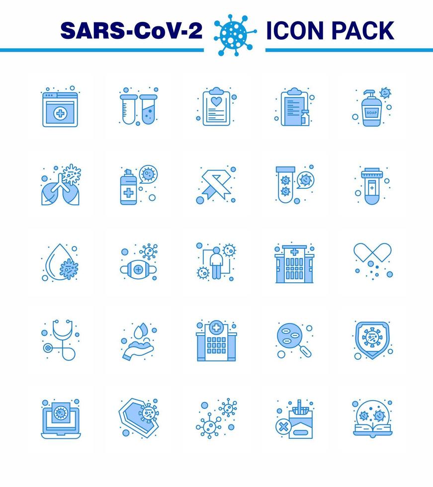 Coronavirus-Prävention Set Icons 25 blaues Symbol wie Flasche Impfstoff Diät Medizin Medikament virales Coronavirus 2019nov Krankheitsvektor Designelemente vektor