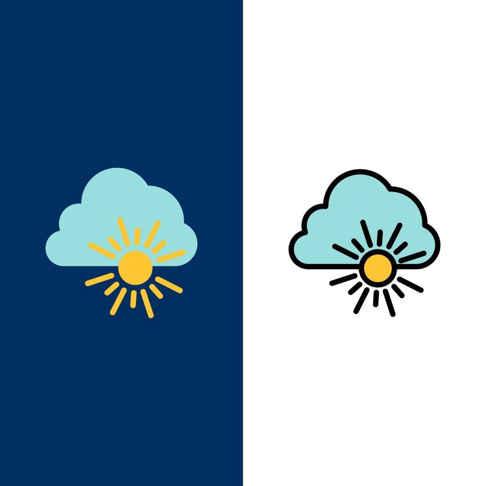 Wolke Natur Frühlingssonne Symbole flach und Linie gefüllt Symbolsatz Vektor blauen Hintergrund