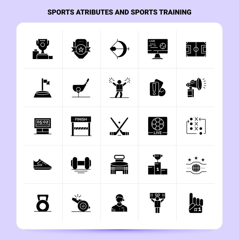 fast 25 sporter attribut och sporter Träning ikon uppsättning vektor glyf stil design svart ikoner uppsättning webb och mobil företag idéer design vektor illustration