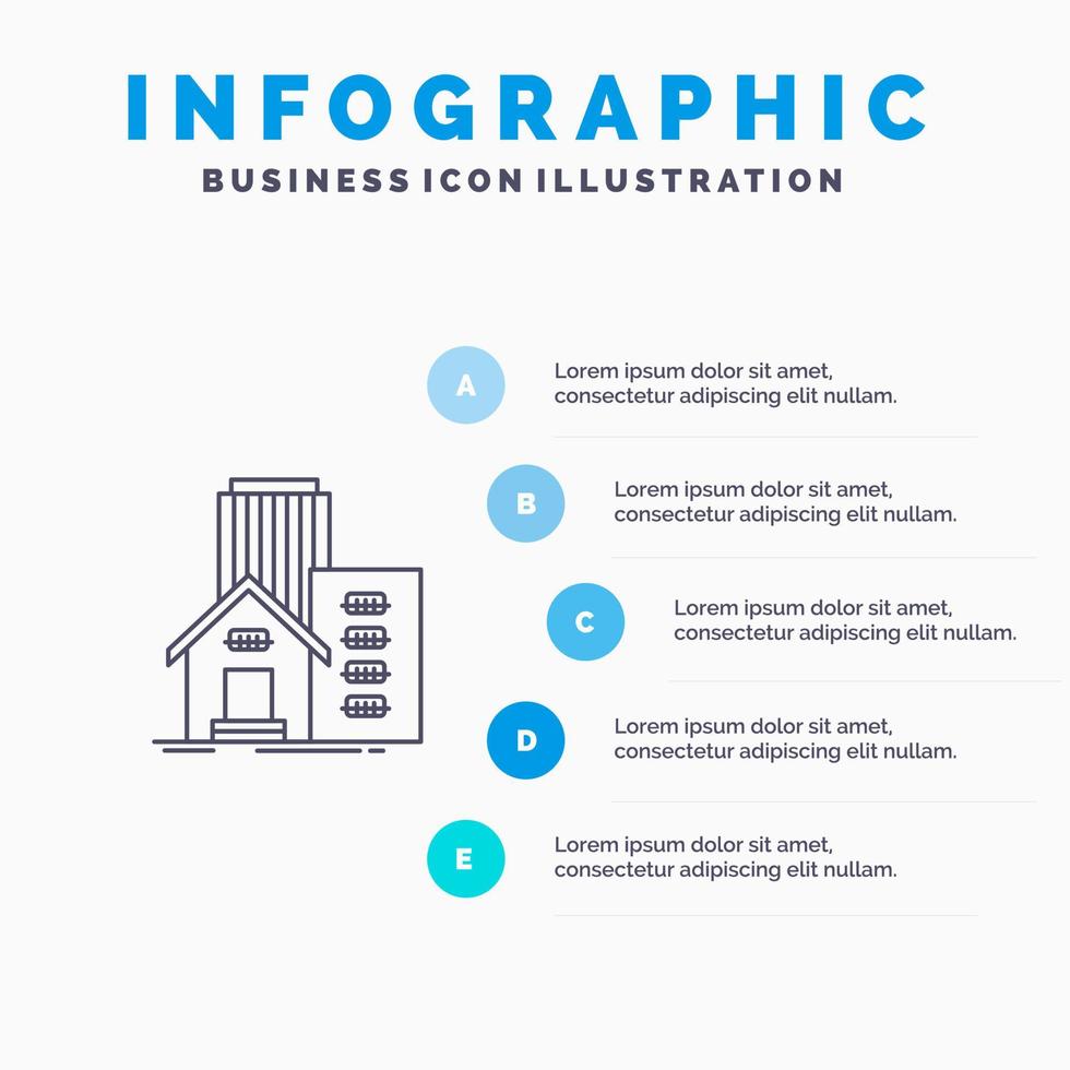 byggnad egendom verklig lägenhet kontor linje ikon med 5 steg presentation infographics bakgrund vektor