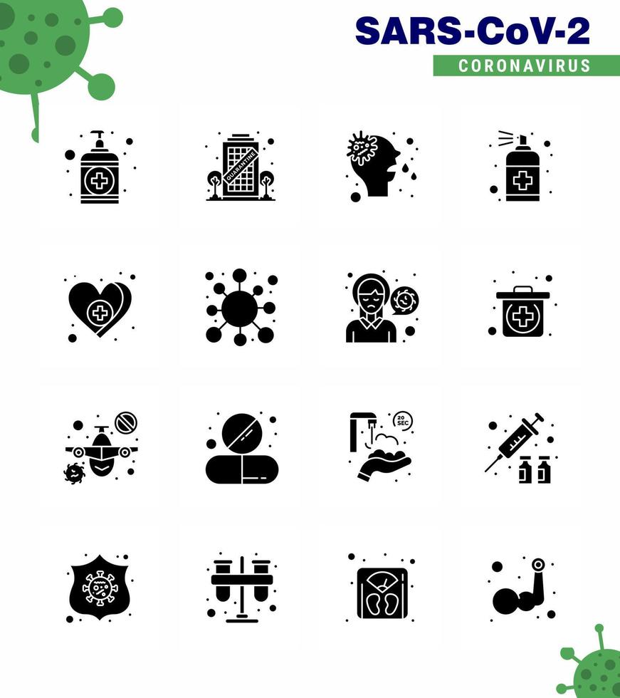 16 Solid Glyph Black Coronavirus covid19 Icon Pack wie Herz-Handpflege-Allergie-Handspray virales Coronavirus 2019nov-Krankheitsvektor-Designelemente vektor