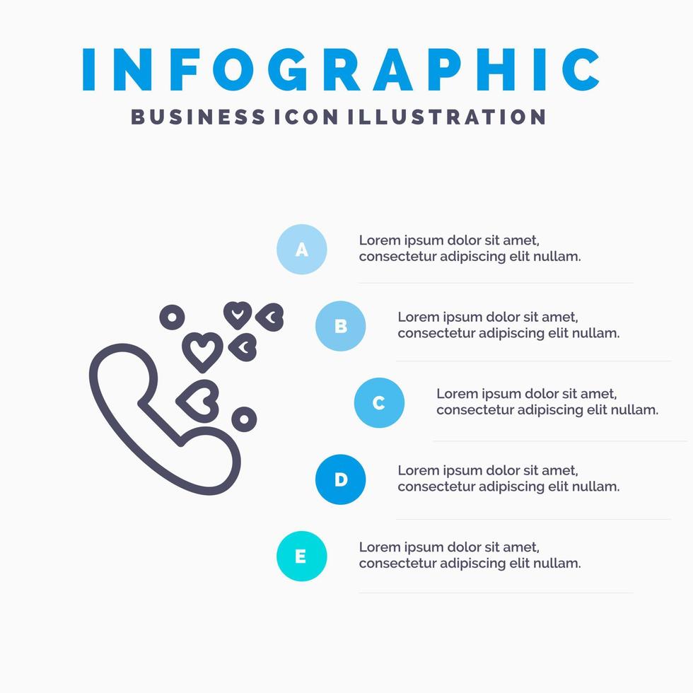 telefon kärlek hjärta bröllop linje ikon med 5 steg presentation infographics bakgrund vektor