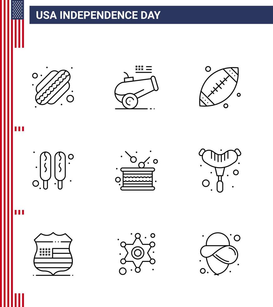 Usa Happy Independence Day Piktogrammsatz aus 9 einfachen Linien von Independence Drum Footbal Day Hot Dog editierbare Usa Day Vektordesign-Elemente vektor