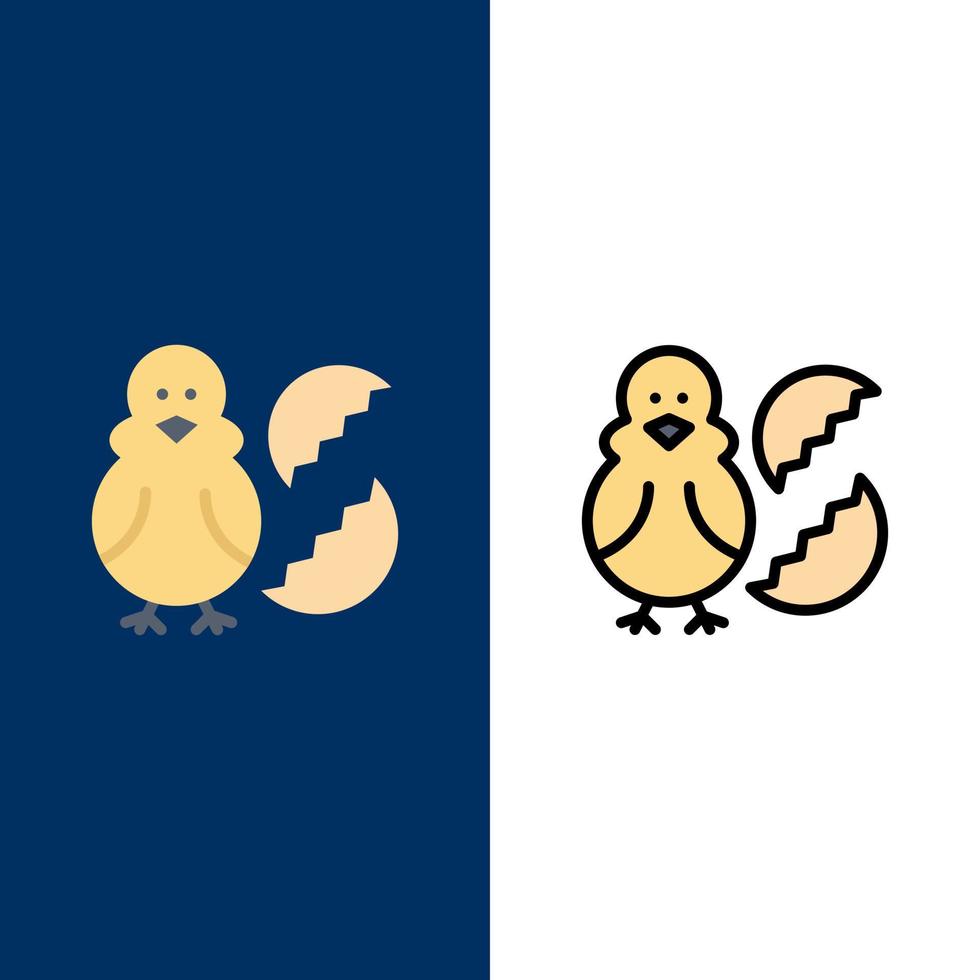 Ei Huhn Ostern Baby glücklich Symbole flach und Linie gefüllt Symbolsatz Vektor blauen Hintergrund