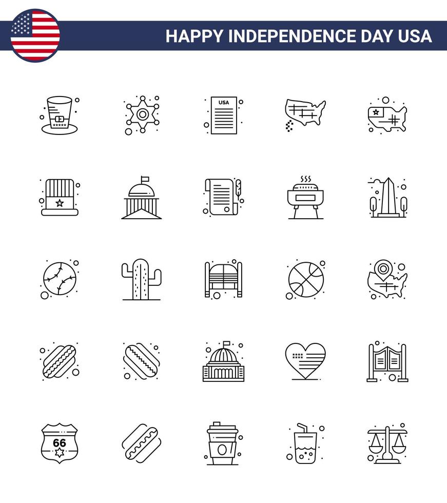 modern uppsättning av 25 rader och symboler på USA oberoende dag sådan som hatt amerikan deklaration USA stater redigerbar USA dag vektor design element