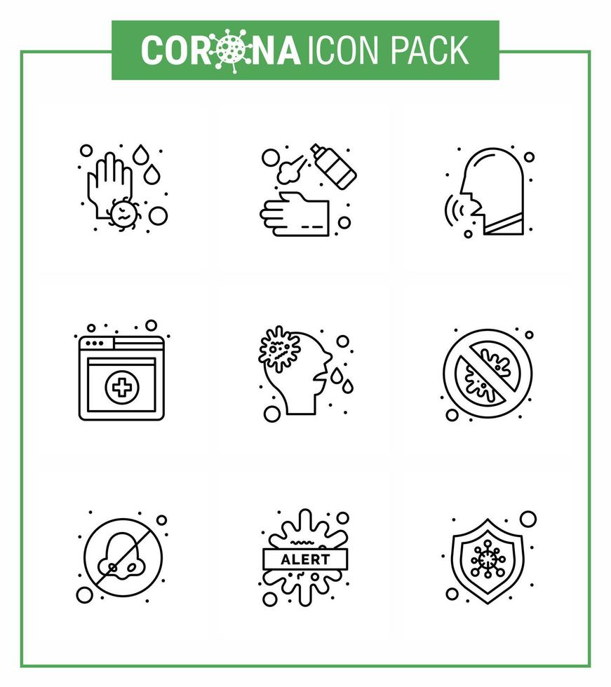 9 linje uppsättning av korona virus epidemi ikoner sådan som allergi uppkopplad tvätta medicinsk couph viral coronavirus 2019 nov sjukdom vektor design element