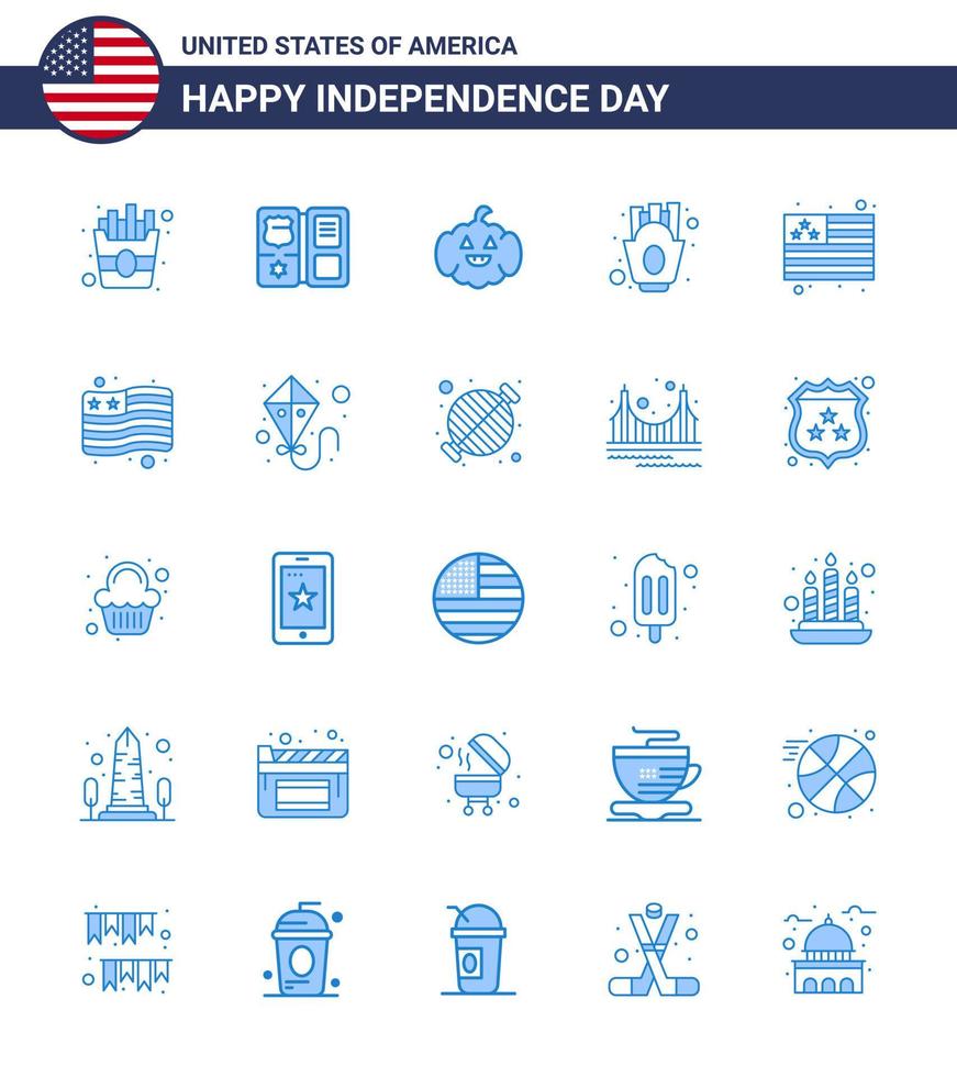 glücklicher unabhängigkeitstag 4. juli satz von 25 blauen amerikanischen piktogrammen der drachenflagge amerikanische landpommes editierbare usa-tagesvektordesignelemente vektor