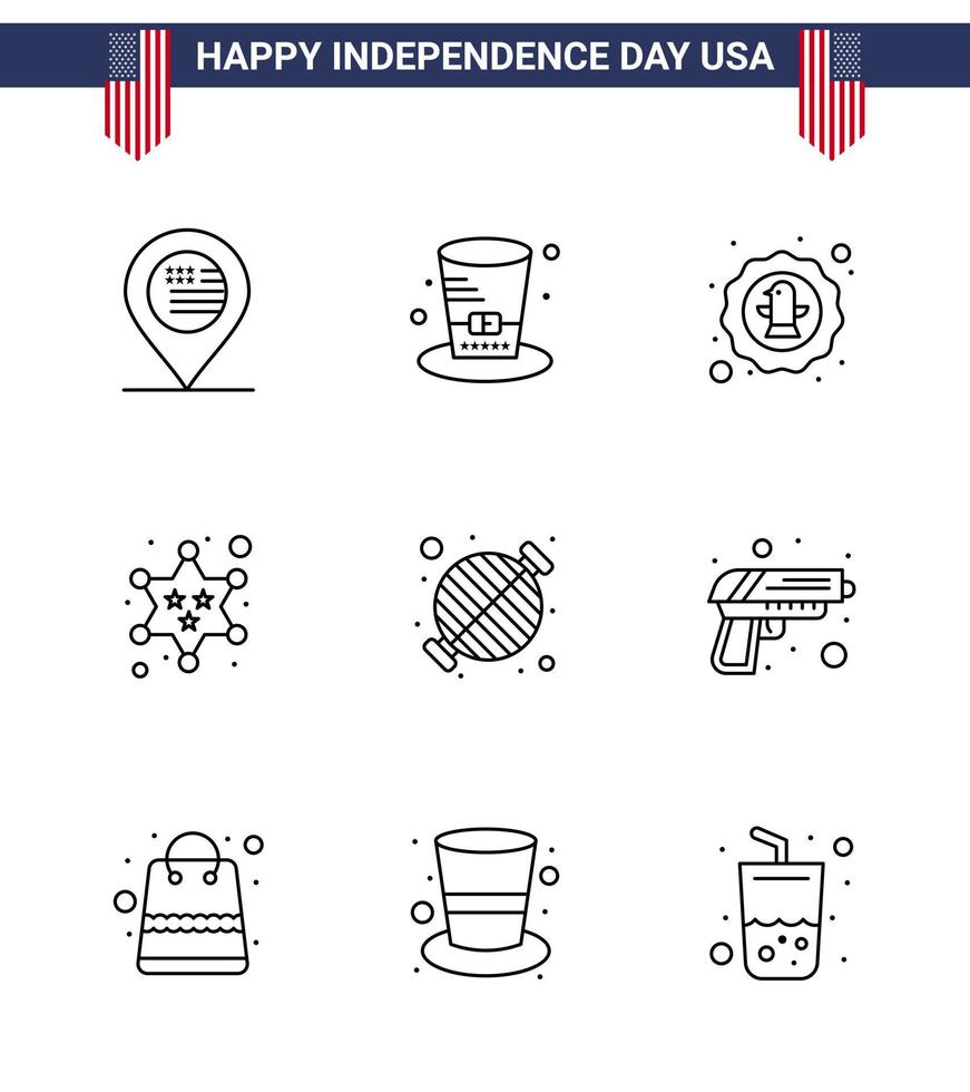 USA oberoende dag linje uppsättning av 9 USA piktogram av mat polis amerikan militär bricka redigerbar USA dag vektor design element