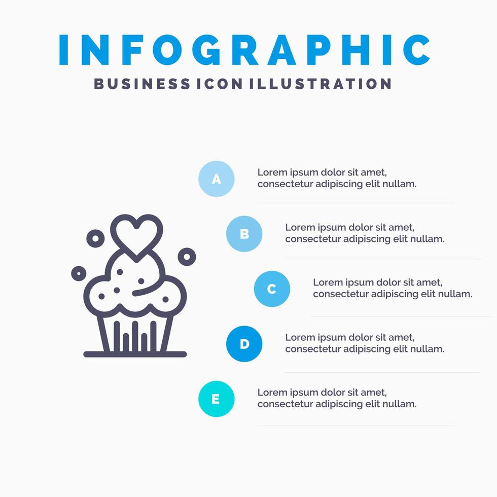 Kuchen Cupcake Muffins gebackene Süßigkeiten Liniensymbol mit 5 Schritten Präsentation Infografiken Hintergrund vektor