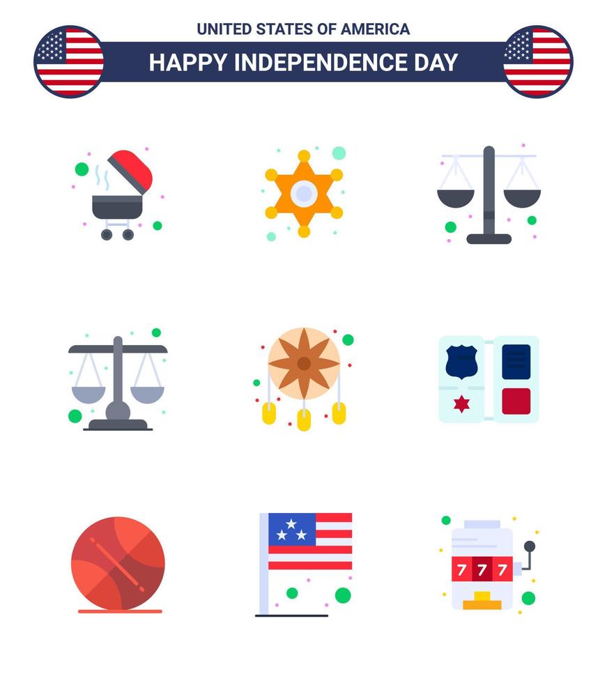 USA oberoende dag platt uppsättning av 9 USA piktogram av amerikan bok rättvisa Västra dekoration redigerbar USA dag vektor design element