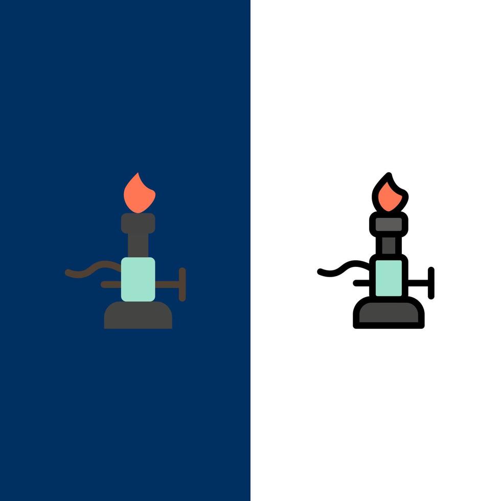 Feuer Labor Licht Wissenschaft Fackel Symbole flach und Linie gefüllt Icon Set Vektor blauen Hintergrund