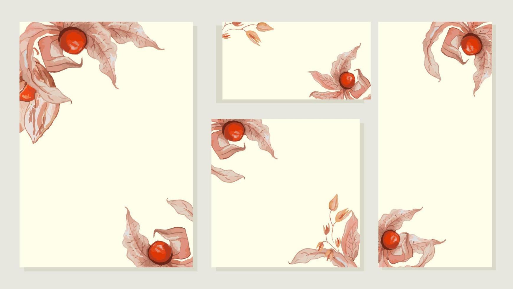 Physalis-Aquarell-Hochzeitseinladungs-Vektorset. Luxus-Hintergrund- und Vorlagenlayout-Design für Einladungskarte, Luxus-Einladungskarte und Cover-Vorlage. vektor