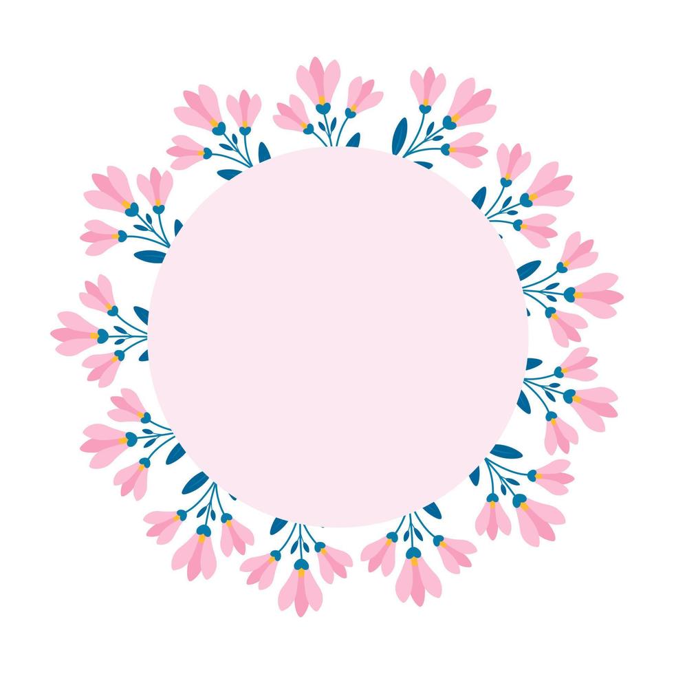 blommig ram, rosa blommor runt om en rosa cirkel, vektor mönster med magnolia kvistar