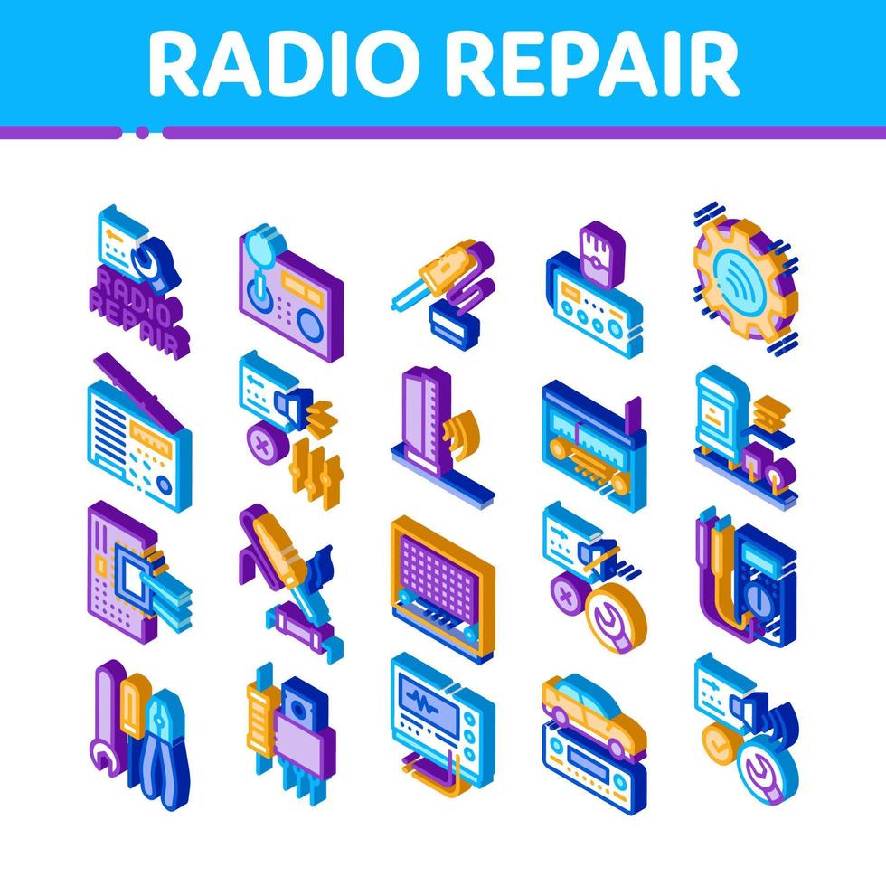 radio reparera service isometrisk ikoner uppsättning vektor