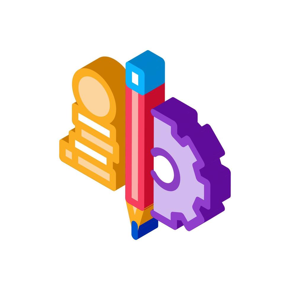 mynt högen penna och mekanisk redskap isometrisk ikon vektor illustration