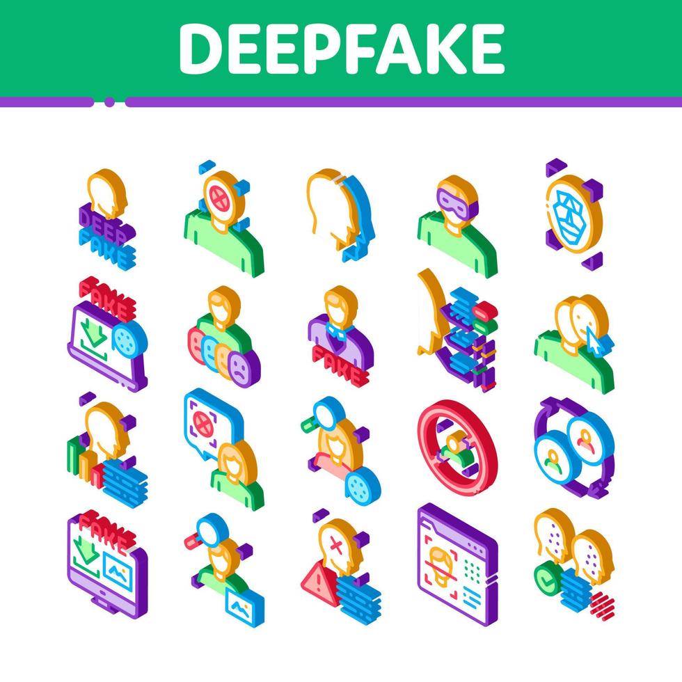 deepfake gesicht gefälschte isometrische symbole setzen vektor