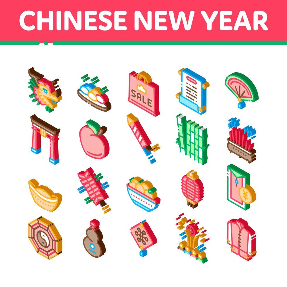 kinesisk ny år fest isometrisk ikoner uppsättning vektor