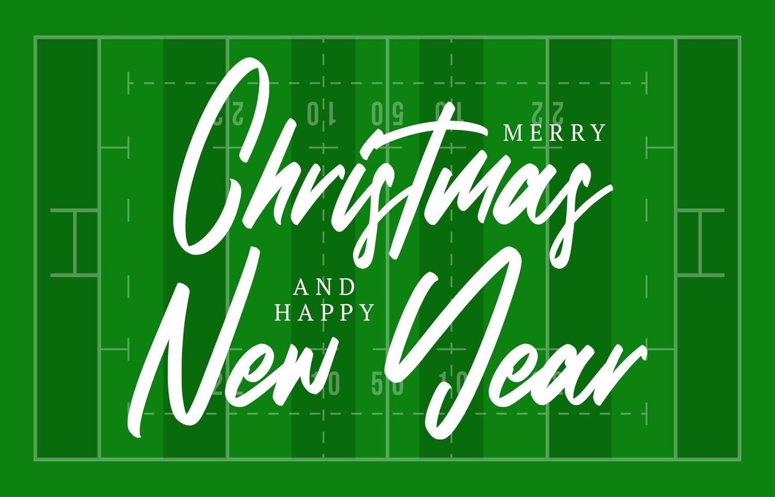 jul och nyår amerikansk fotbollsplan gratulationskort med bokstäver. kreativ rugby fält bakgrund för jul och nyårsfirande. sport gratulationskort vektor