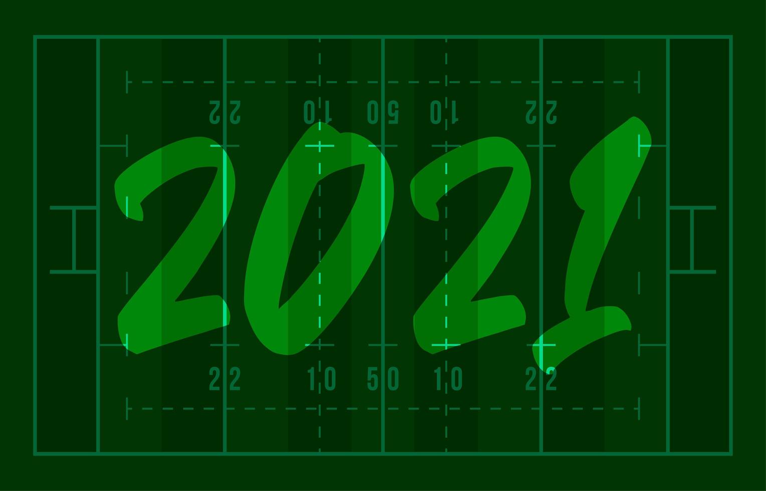 2021 Frohes Neues Jahr American Football Feld Grußkarte mit Schriftzug. kreativer Rugbyfeldhintergrund für Weihnachten und Neujahrsfeier. Sportgrußkarte vektor