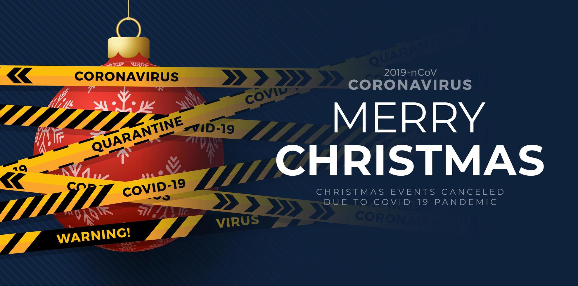 röd jul boll och karantän biohazard fara. gula och svarta ränder. coronavirus covid-19 och jul eller nyår avbrutet koncept. vektor illustration