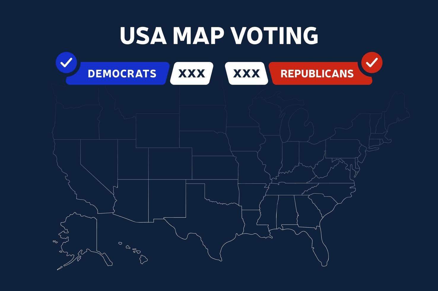 Karte der Ergebnisse der US-Präsidentschaftswahlen. USA Map Voting. Präsidentschaftswahl Karte jedes Staates amerikanische Wahlstimmen zeigt Republikaner oder Demokraten politischen Vektor Infografik