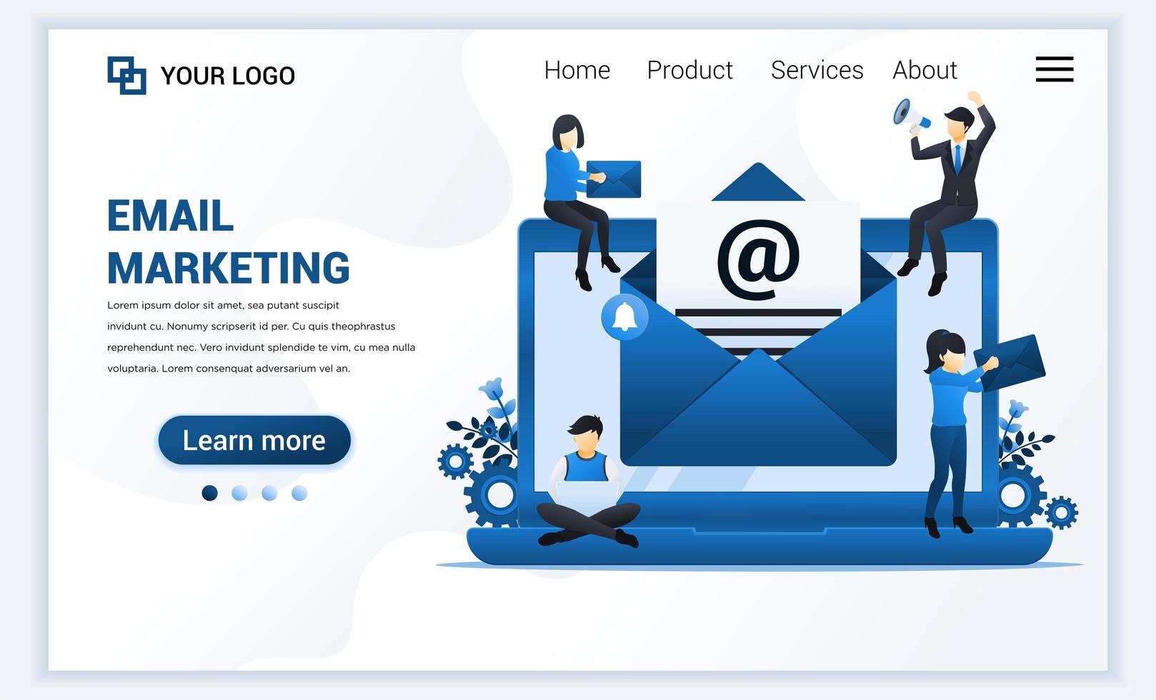 Landingpage-Vorlage für E-Mail-Marketing, Mailing-Services mit Menschen arbeiten am Laptop. modernes Designkonzept für flache Webseiten für Websites und mobile Websites. Vektorillustration vektor