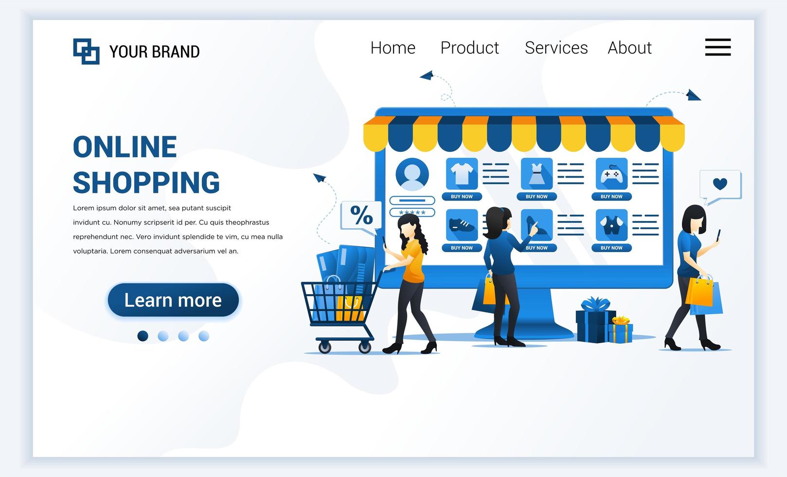 vektor illustration av online shopping koncept. unga kvinnor som köper produkter i webbutiken. modern platt webbmallsidesmalldesign för webbplats och mobilwebbplats. platt tecknad stil