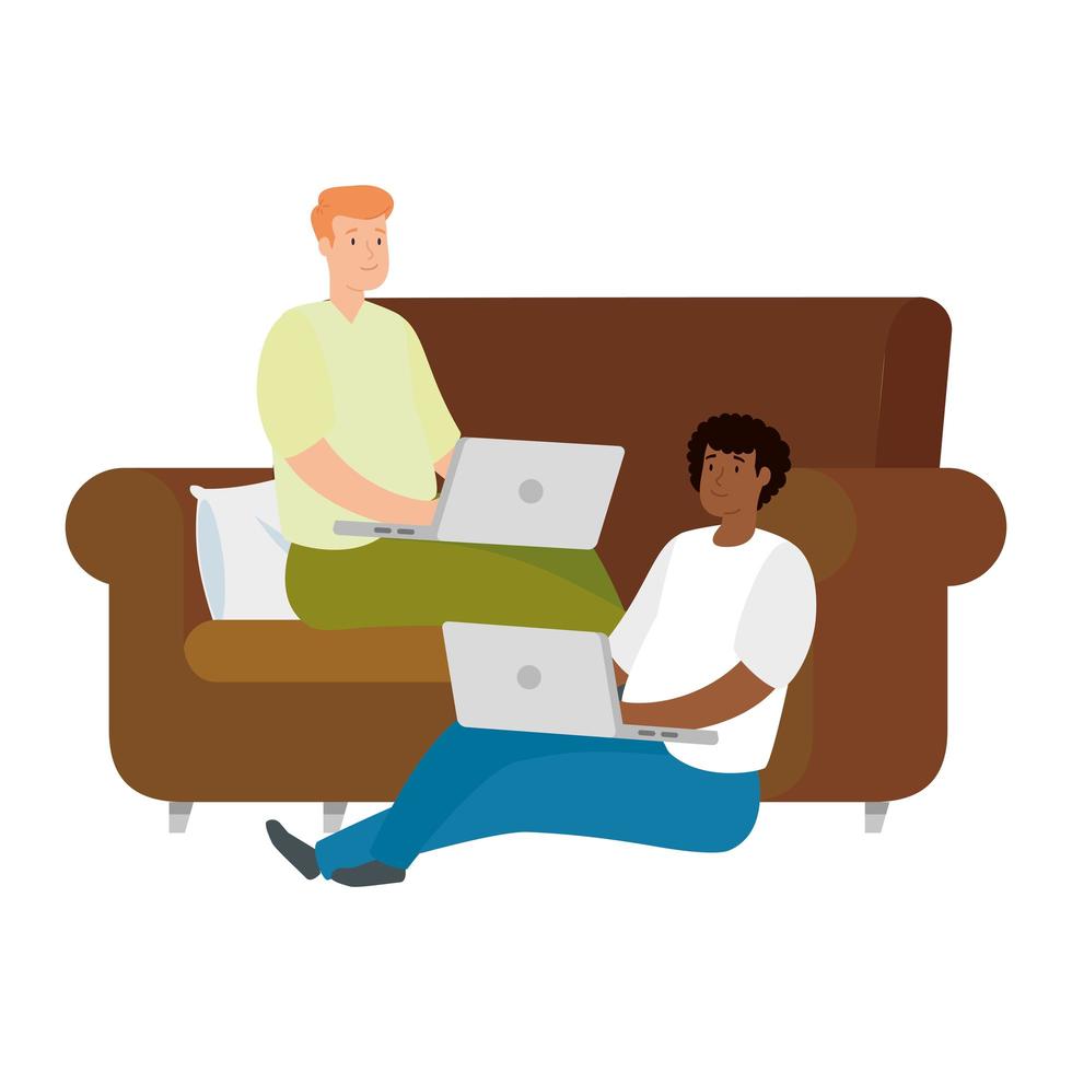 Männer arbeiten mit ihren Laptops auf der Couch vektor