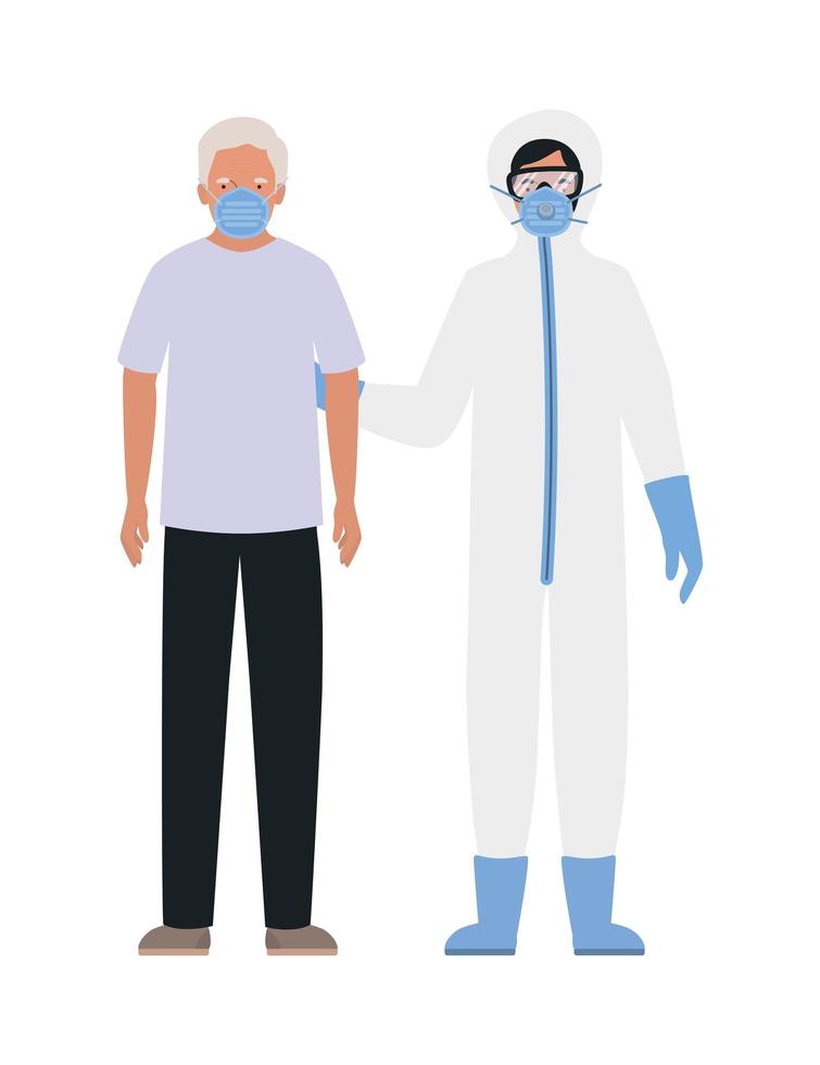 älterer Mann mit Maske und Arzt mit Schutzanzug gegen Covid 19 Design vektor