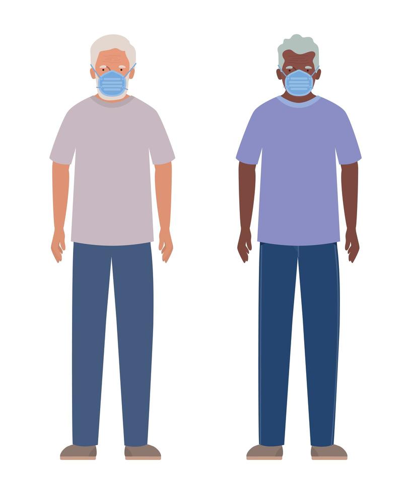 ältere Männer mit Masken gegen Covid 19 Design vektor