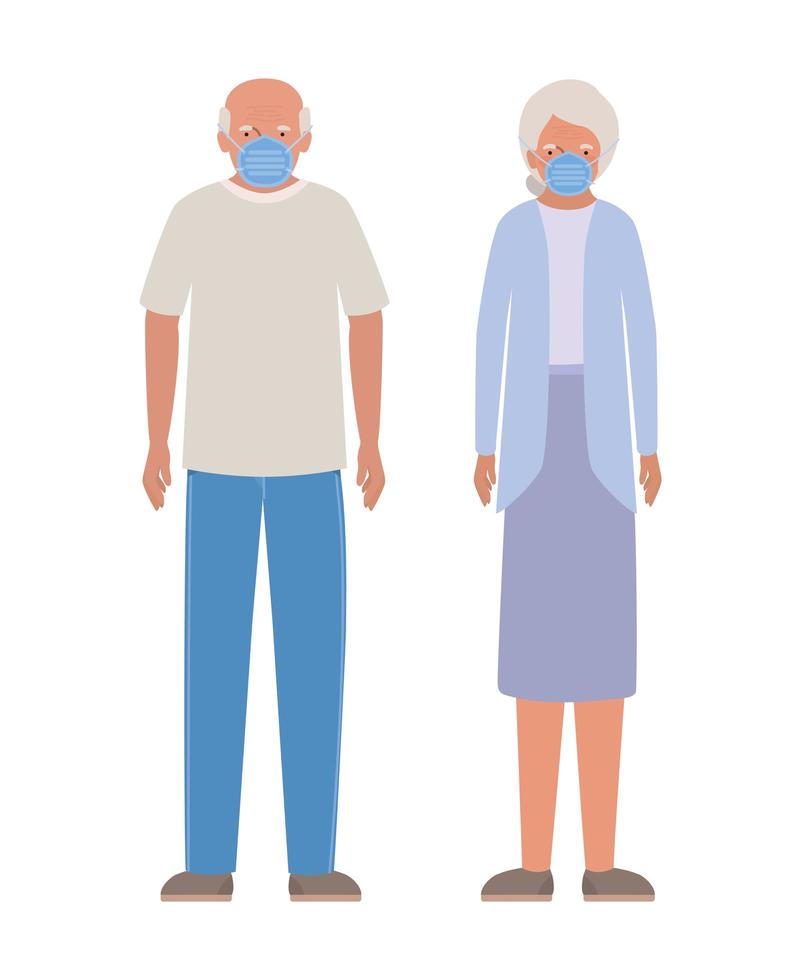 ältere Frau und Mann mit Masken gegen Covid 19 Design vektor