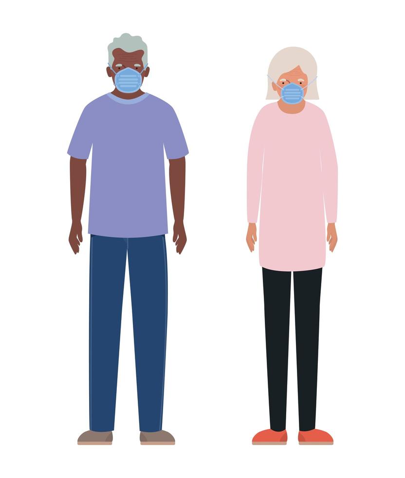 äldre kvinna och man med masker mot covid 19 design vektor