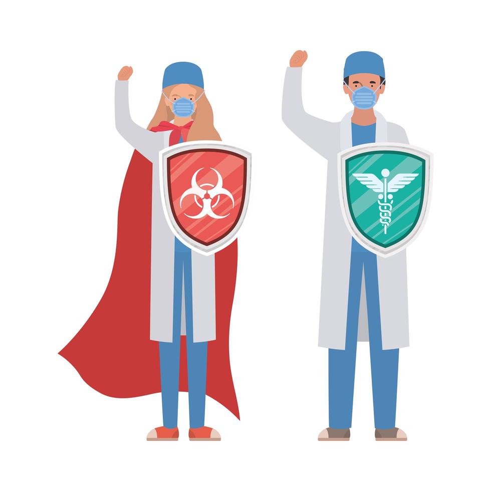 kvinna och man läkare hjältar med cape och sköldar mot 2019 ncov virus vektor design