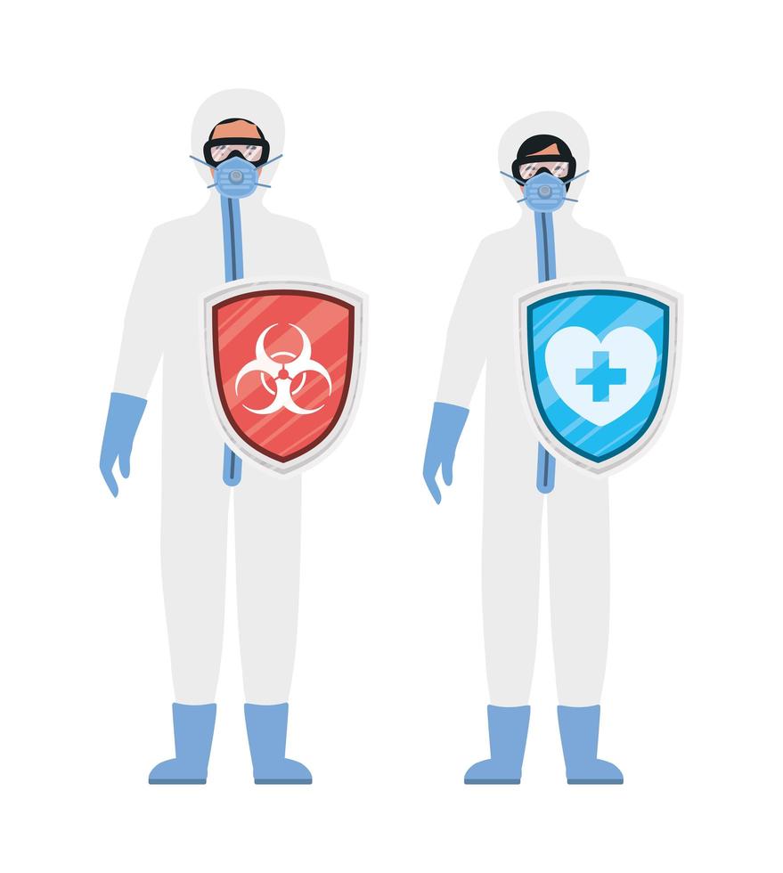 Ärzte mit Schutzanzügen und Schildern gegen 2019 ncov Virus Vektor Design