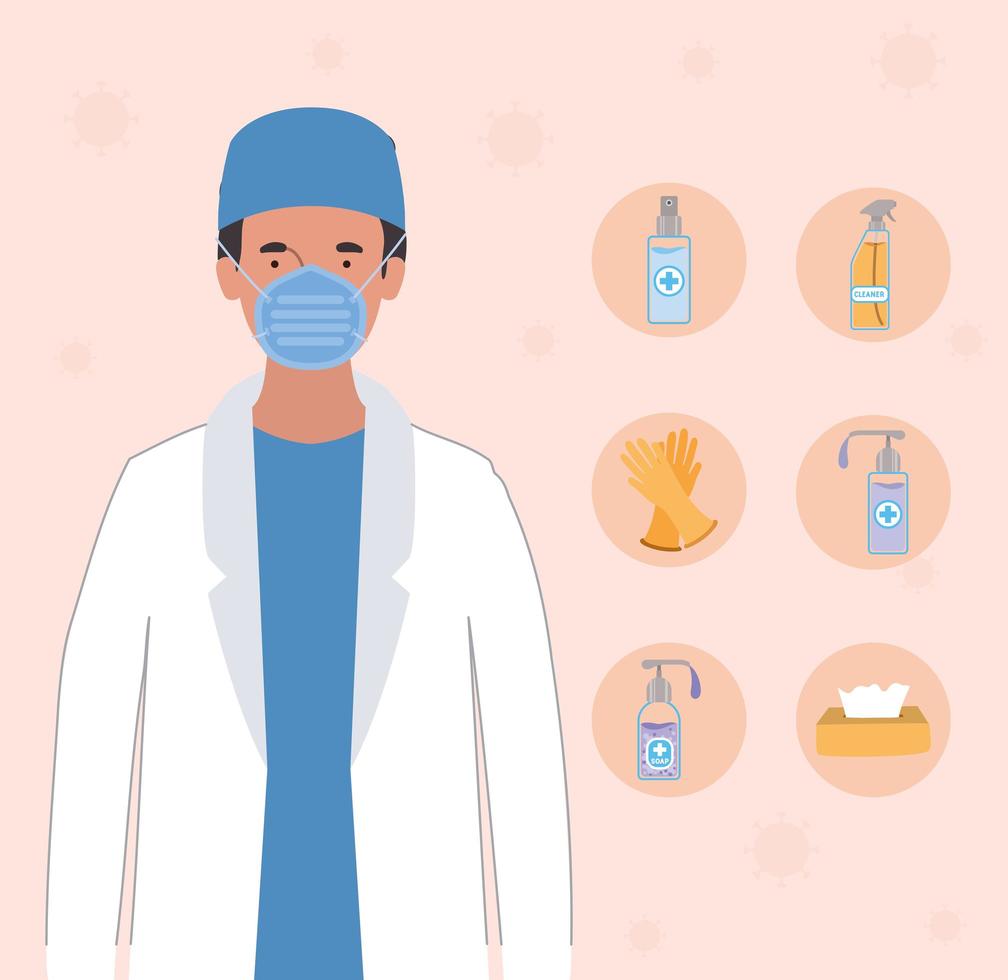 Mann Arzt mit Maske und Hygieneprodukten gegen 2019 ncov Virus Vektor-Design vektor