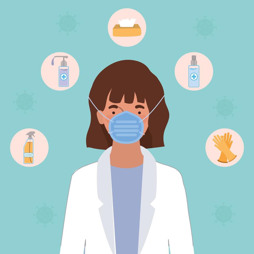 Ärztin mit Maske und Hygieneprodukten gegen 2019 ncov virus vector design