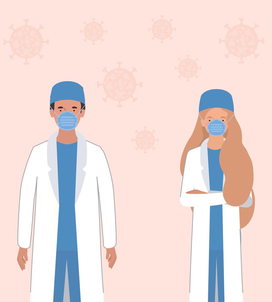 Frau und Mann Ärzte mit Masken gegen 2019 ncov Virus Vektor-Design vektor