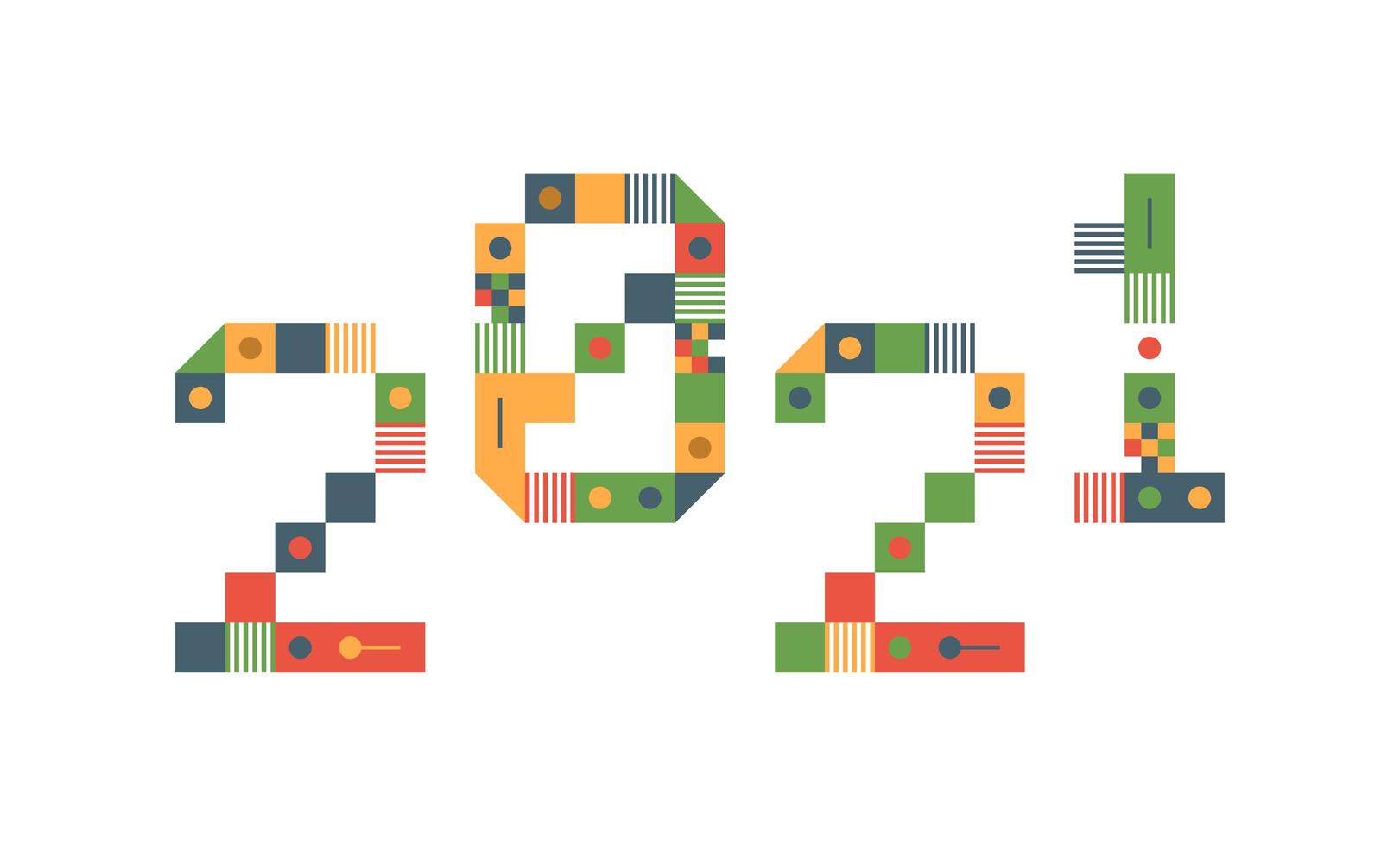 Frohes neues Jahr 2021 Vektor Pixel Kunst Typografie. Feiertagsgrußkartenillustration. Buchstaben aus Streifen, Quadraten und Punkten. geometrische Neujahrsplakate wie elektronische Anzeigetafel.
