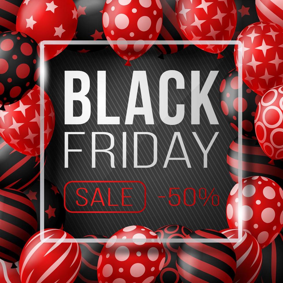 svart fredag försäljning affisch med glänsande ballonger på svart bakgrund med glas fyrkantig ram. vektor illustration.