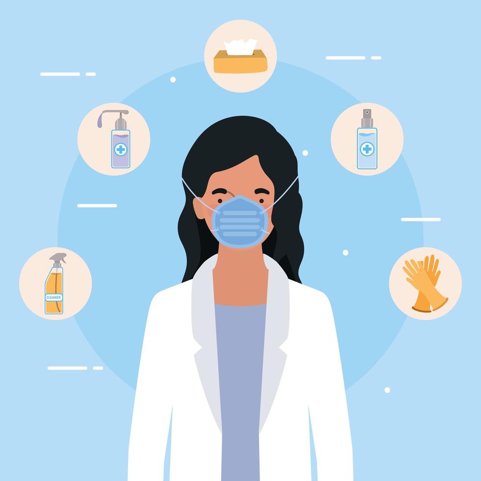 Ärztin mit Maske und Hygieneprodukten gegen 2019 ncov virus vector design