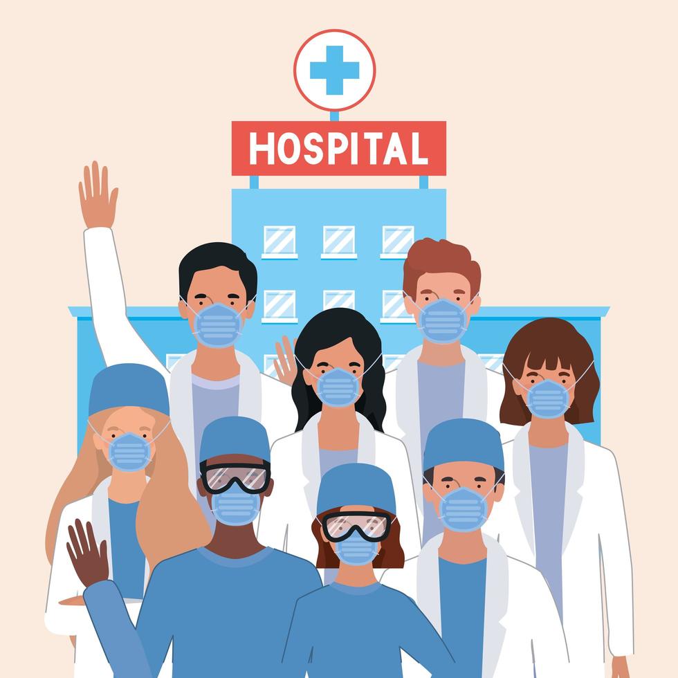 Männer und Frauen Ärzte mit Masken gegen 2019 ncov Virus Vektor-Design vektor