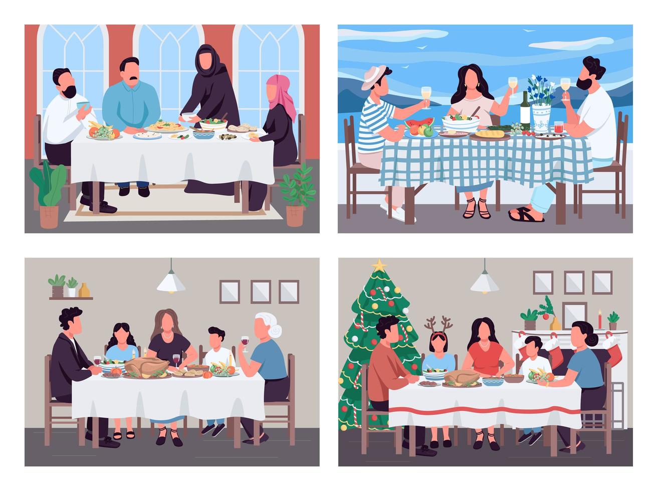 traditionella familjen middagar platt färg vektor illustration set