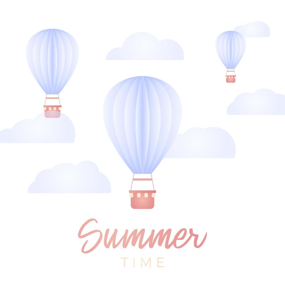 Sommerzeitkarte. Heißluftballon und Wolke im blauen Himmel mit Papierkunstdesignvektordesignelement und -illustration vektor