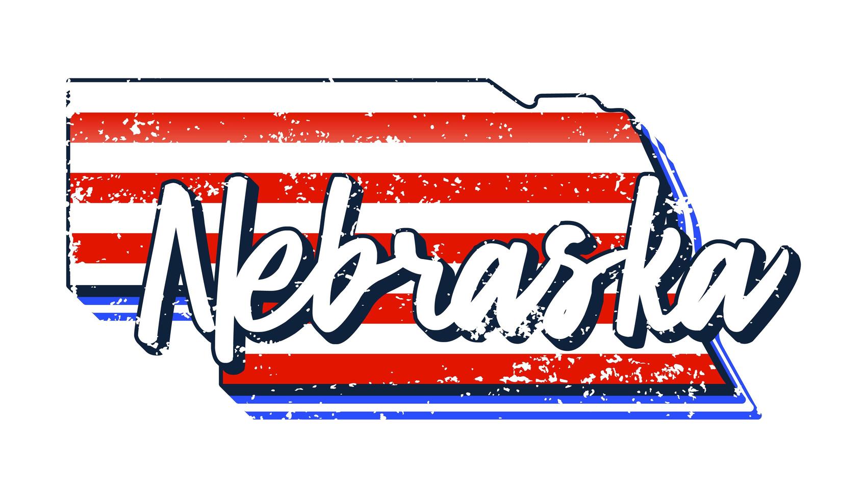 amerikanische Flagge in Nebraska State Map. Vektor-Grunge-Stil mit typografischer Hand gezeichneter Beschriftung Nebraska auf kartenförmiger alter Grunge-Weinlese-amerikanischer Nationalflagge lokalisiert auf weißem Hintergrund vektor