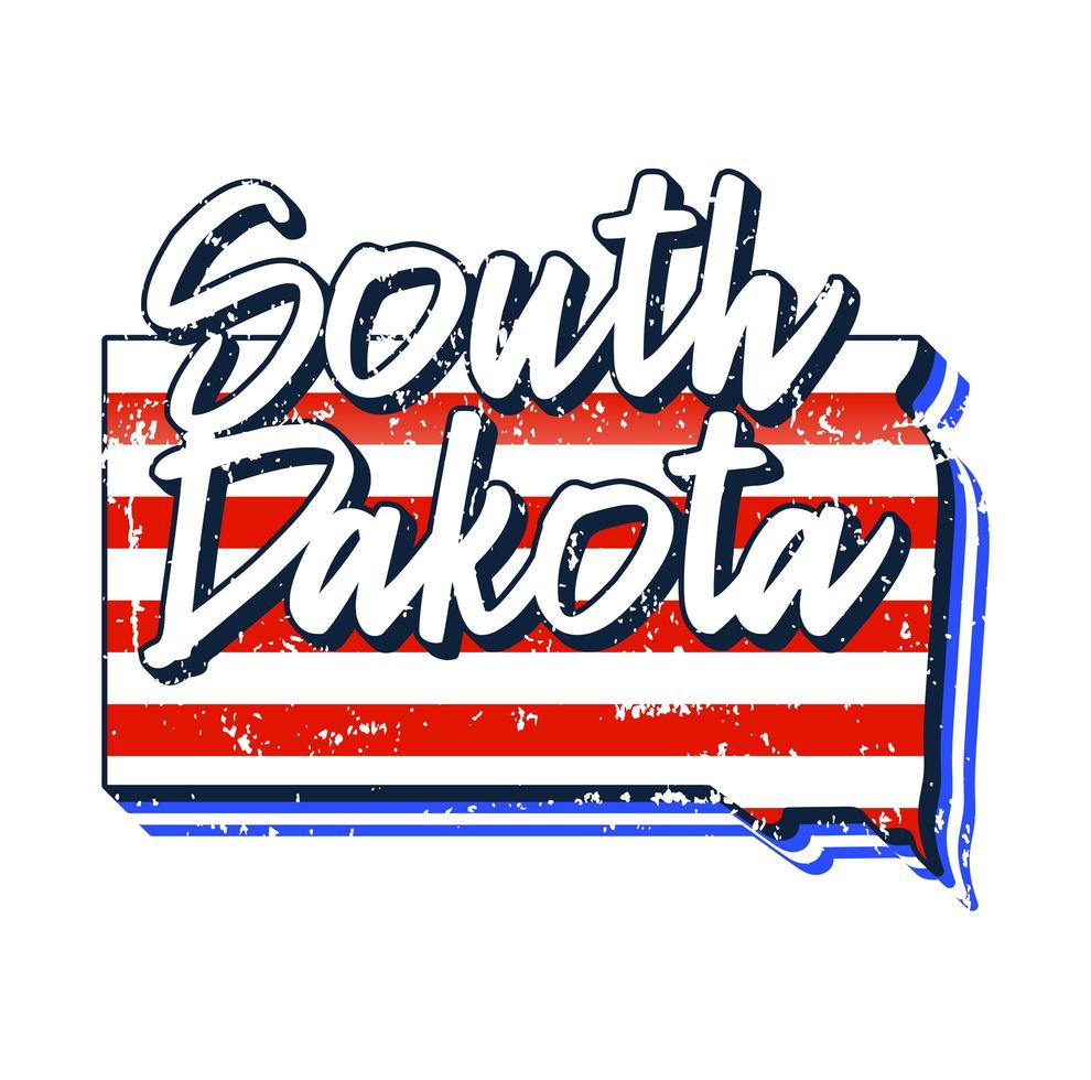 amerikansk flagga i South Dakota State Map. vektor grunge stil med typografi handritad bokstäver South Dakota på karta formade gamla grunge vintage amerikanska nationella flaggan isolerad på vit bakgrund