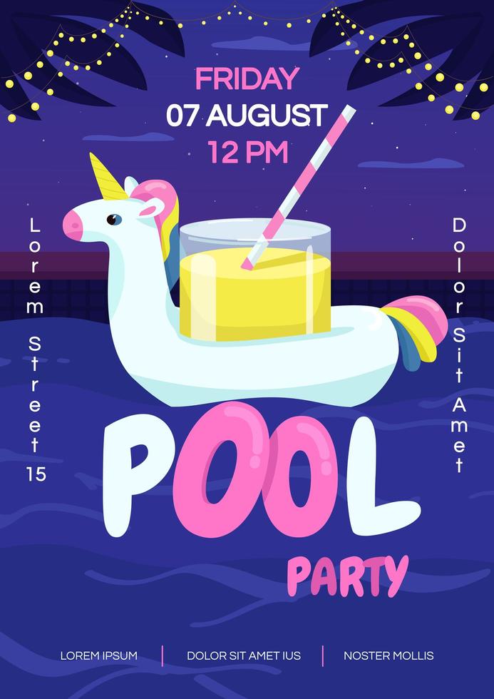 Nacht Pool Party Poster flache Vektor Vorlage