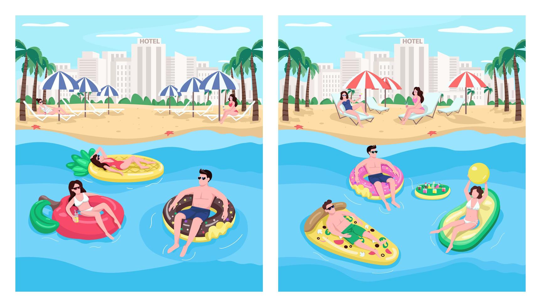 Menschen schweben auf Schlauchbooten flache Farbe Vektor-Illustration gesetzt vektor