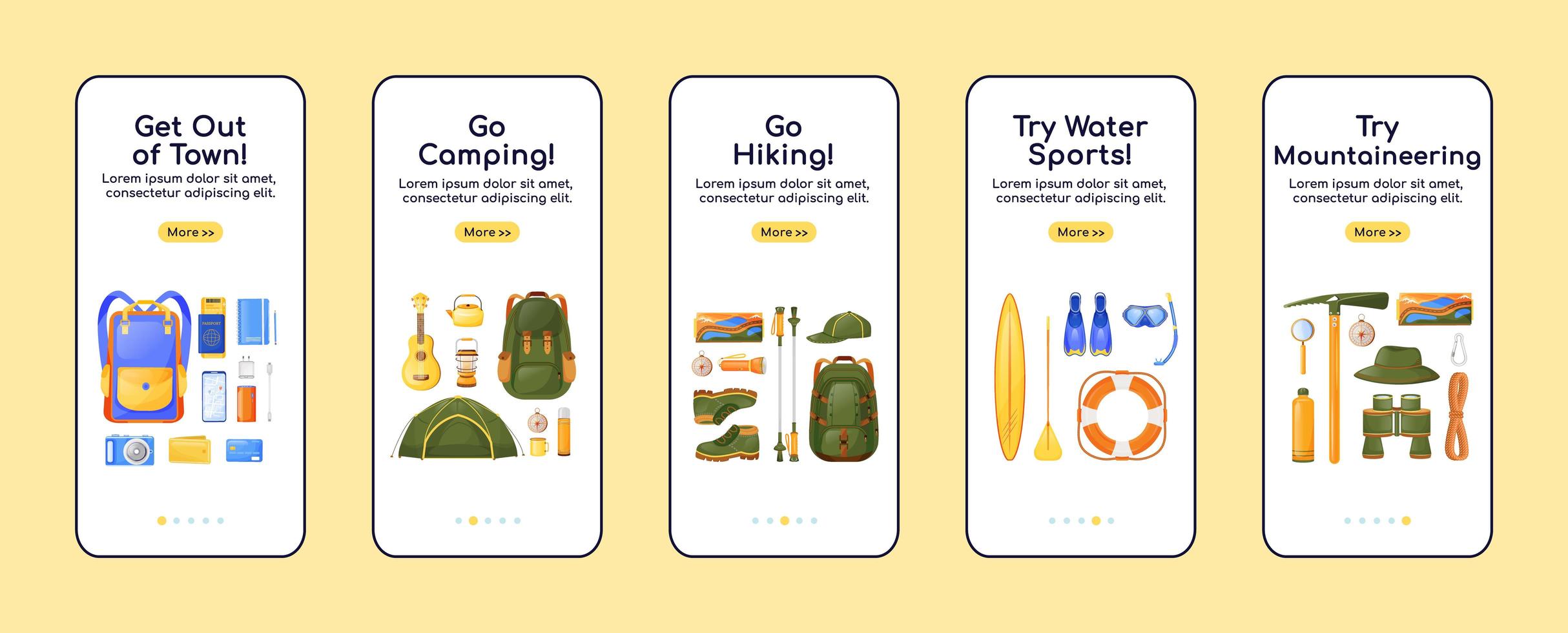Reiseausrüstung Onboarding mobile App Bildschirm flache Vektor-Vorlage vektor
